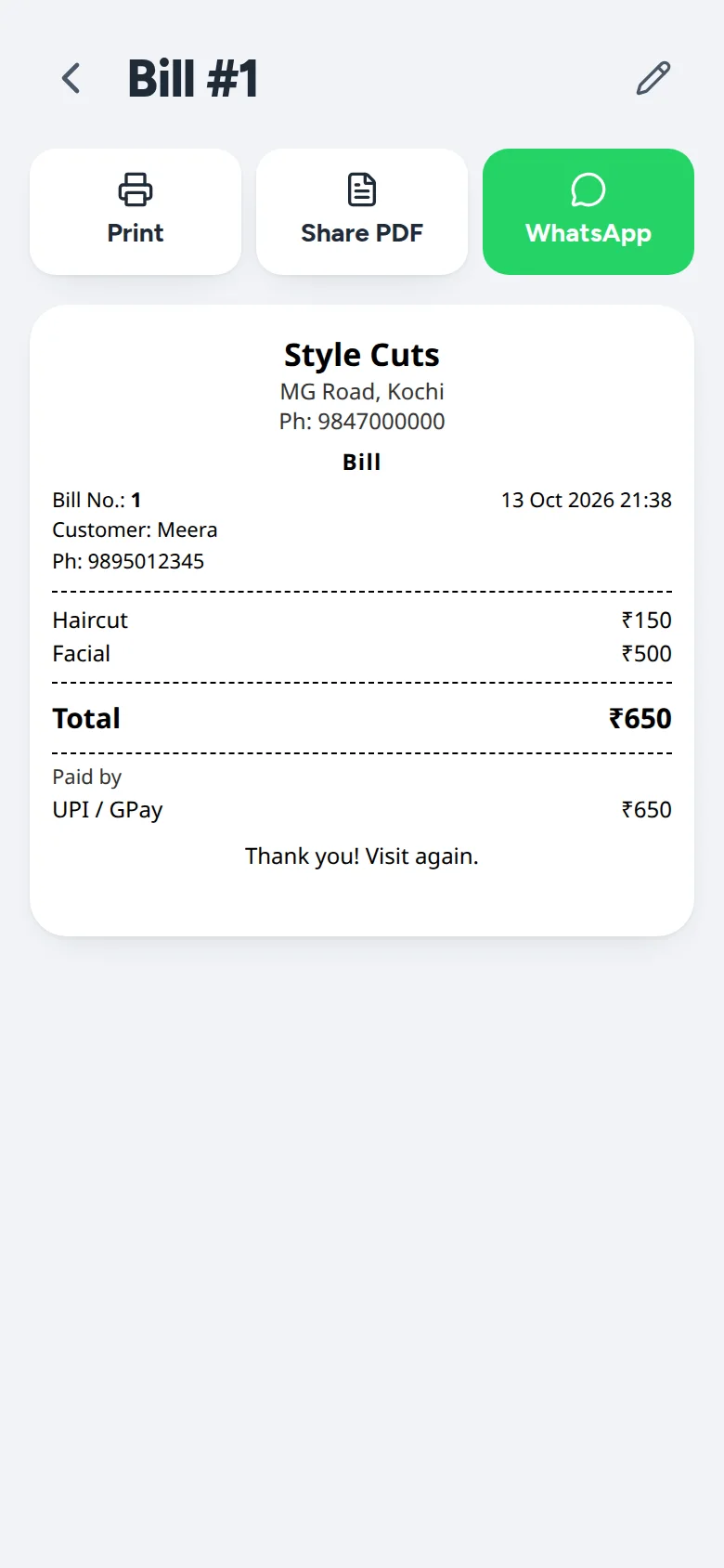 Bill number 1 for Meera with Print, Share PDF and WhatsApp buttons